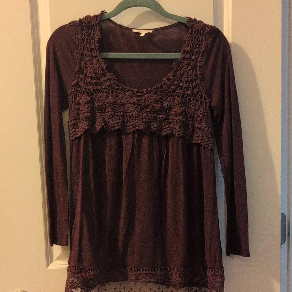 Mystree Chocolate Crochet Accent Blouse